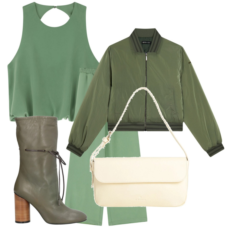 Outfit donna - Nuance verde. Stile Minimal per Tutti i giorni. Abbinamento con stivaletti, borse a mano, pantaloni a palazzo, top, bomber.