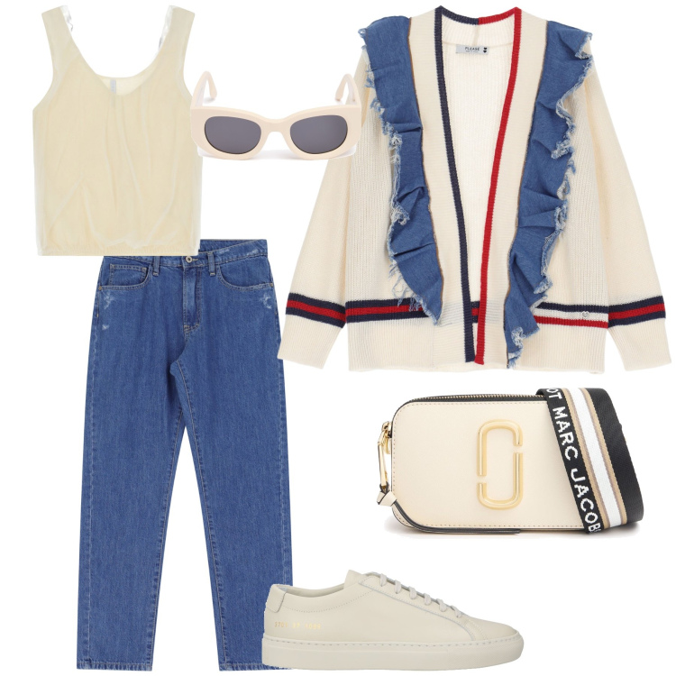 Outfit donna - A spasso in libertà. Stile Sporty chic per Tutti i giorni. Abbinamento con sneakers, jeans dritti, cardigans, top, borse a spalla, occhiali da sole.