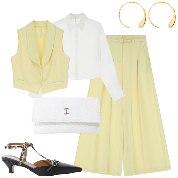 Outfit donna - City. Stile Chic per Tutti i giorni. Abbinamento con borse a tracolla, pantaloni, décolleté, camicie, gilet, orecchini.