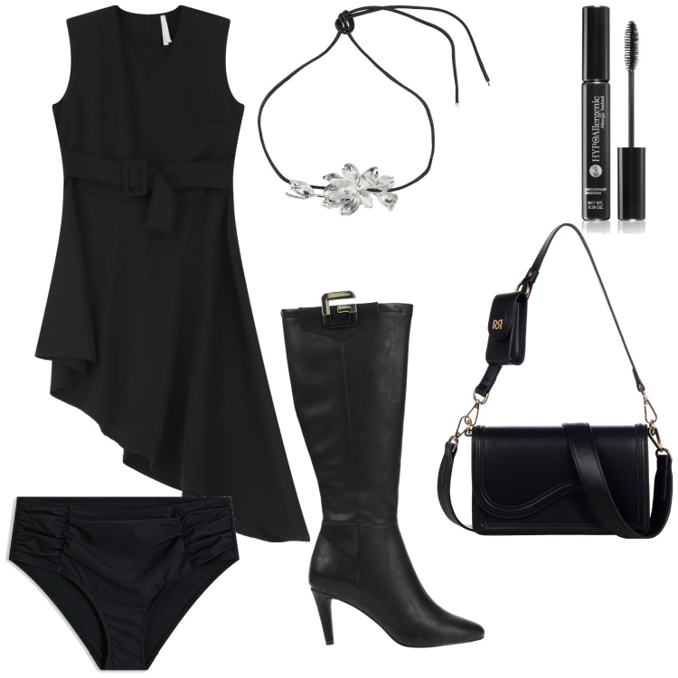 Outfit donna - Woman in black. Stile Glamour per Serata fuori. Abbinamento con culotte, stivali, mascara, pochette, vestiti corti, collane.