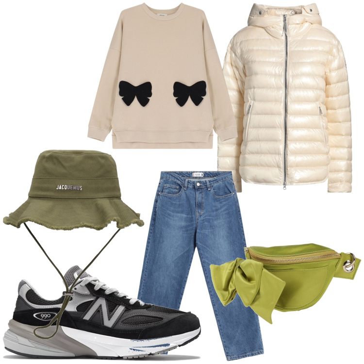 Outfit donna - Una passeggiata coi fiocchi. Stile Sporty chic per Tutti i giorni. Abbinamento con marsupi, piumini, jeans dritti, sneakers, felpe, cappelli.