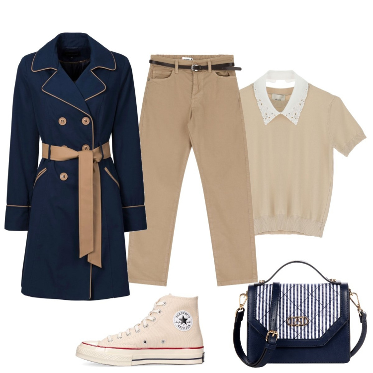 Outfit donna - Ancora pioggia. Stile Bon Ton per Tutti i giorni. Abbinamento con trench, borse a mano, pantaloni, maglieria, sneakers.