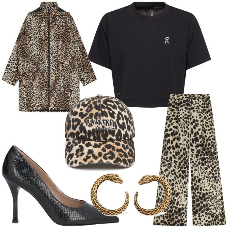 Outfit donna - Animalier. Stile Glamour per Serata fuori. Abbinamento con décolleté, cappotti, pantaloni a palazzo, cappelli, orecchini, t-shirt.