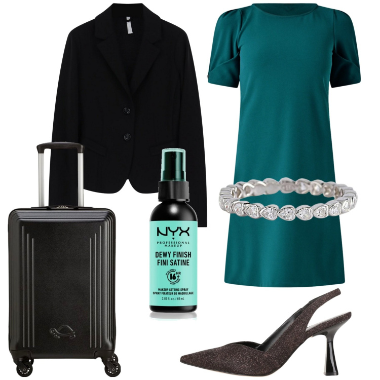 Outfit donna - Meeting a Milano. Stile Chic per Ufficio. Abbinamento con décolleté, ciprie, vestiti, anelli, blazer, valigie.