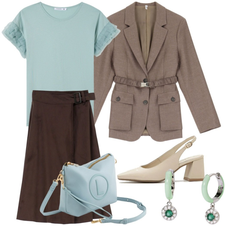 Outfit donna - Pranzo di famiglia. Stile Bon Ton per Tutti i giorni. Abbinamento con décolleté, t-shirt, orecchini, blazer, gonne, valigie.