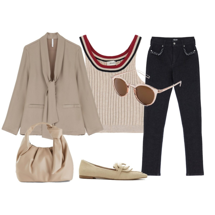 Outfit donna - Color sabbia. Stile Minimal per Tutti i giorni. Abbinamento con occhiali da sole, borse a mano, mocassini, blazer, jeans, top.