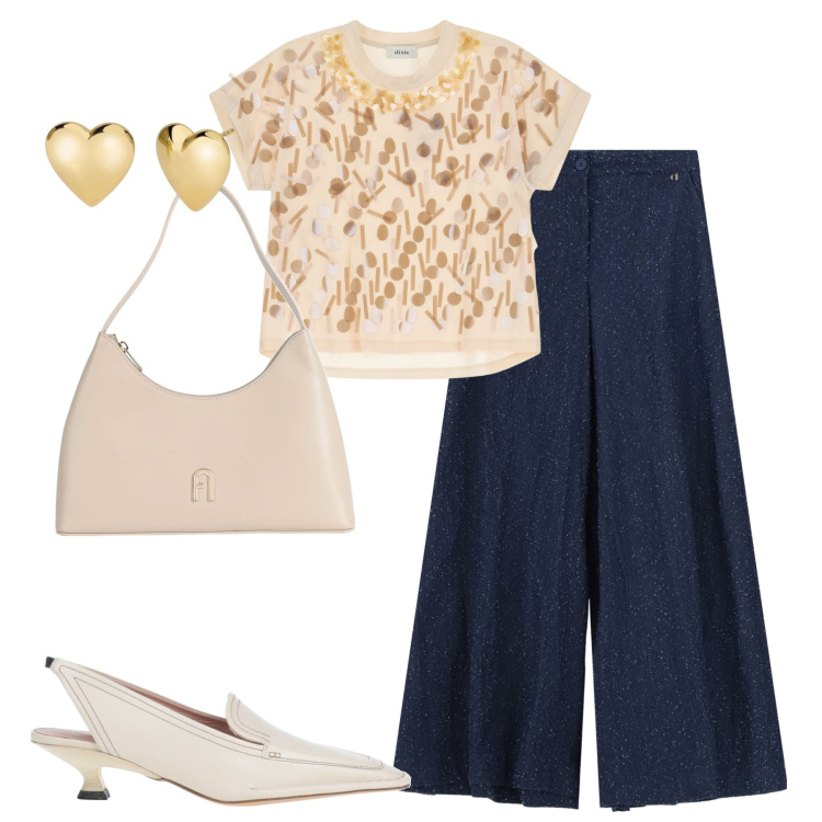 Outfit donna - La t-shirt con le paillettes. Stile Urban per Tutti i giorni. Abbinamento con borse a mano, décolleté, orecchini, t-shirt, pantaloni a palazzo.