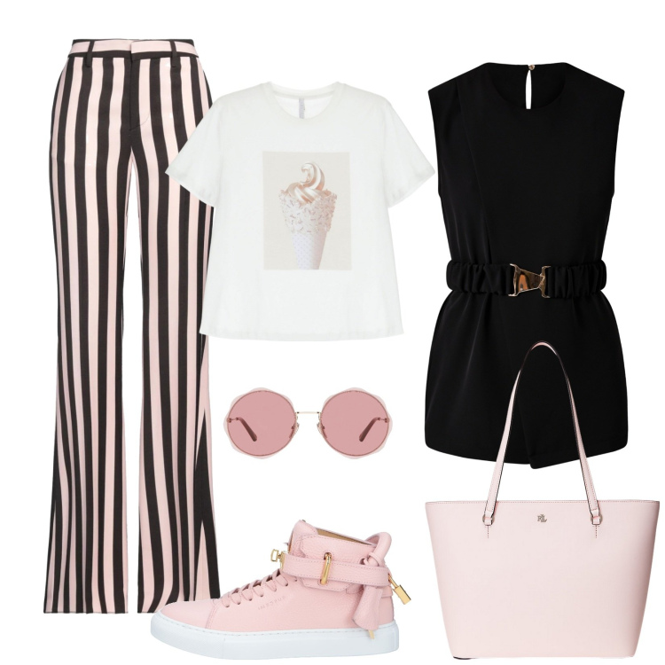 Outfit donna - Total look #2090942. Stile Casual chic per Tutti i giorni. Abbinamento con sneakers alte, pantaloni, occhiali da sole, t-shirt, bluse, borse tote.