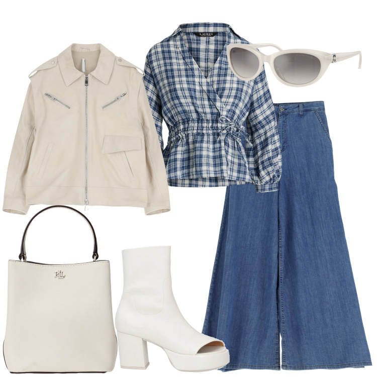 Outfit donna - Total look #2090946. Stile Casual chic per Scuola/Università. look ideale per Tall. Abbinamento con stivaletti, giacche, jeans, occhiali da sole, borse a secchiello, camicie.
