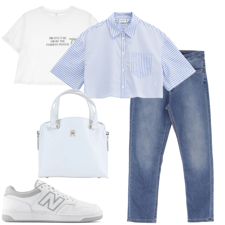 Outfit donna - City. Stile Casual per Tutti i giorni. Abbinamento con borse a mano, sneakers, camicie, jeans, t-shirt.