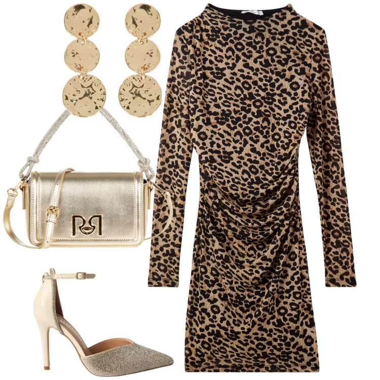 Outfit donna - Leopard. Stile Sexy per Serata fuori. Abbinamento con vestiti lunghi, décolleté, borse a mano, orecchini.