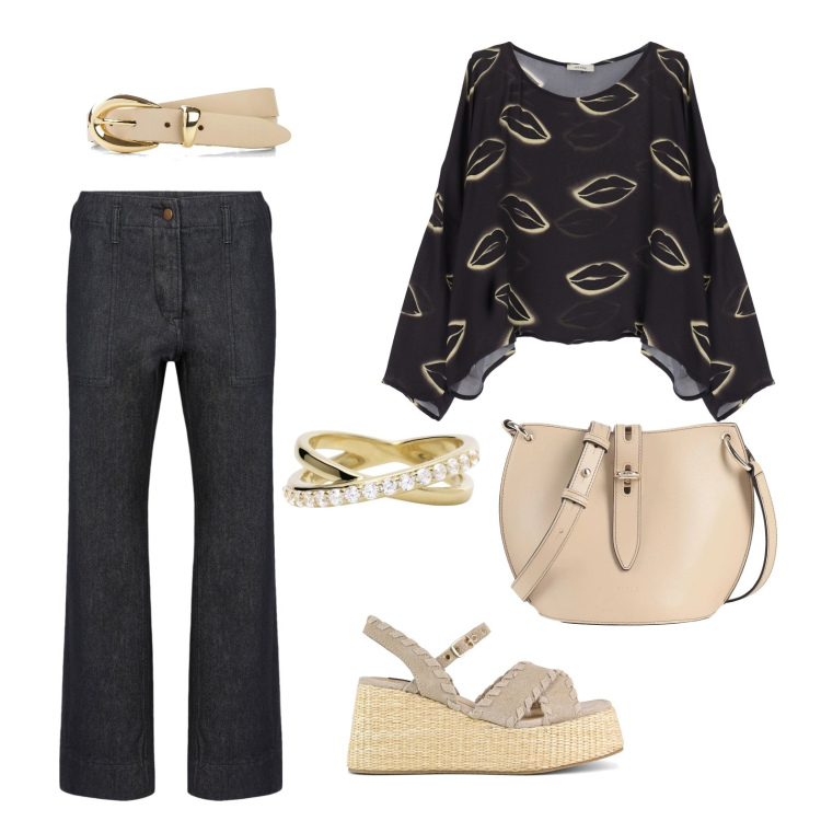 Outfit donna - Romantico. Stile Casual chic per Tutti i giorni. Abbinamento con cinture, borse a tracolla, anelli, camicie, pantaloni, zeppe.