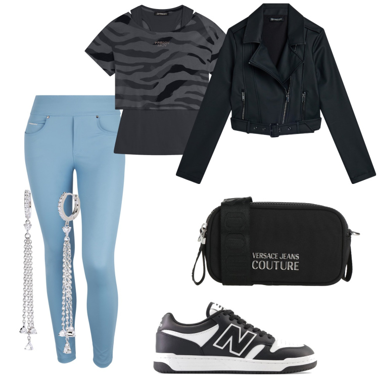 Outfit donna - Concerto latino. Stile Casual per Tutti i giorni. Abbinamento con borse a tracolla, orecchini, sneakers, giacche, t-shirt, pantaloni skinny.