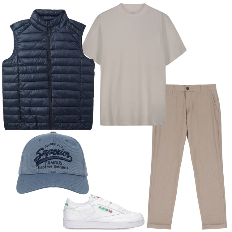 Outfit uomo - Total look #2090982. Stile Casual per Tutti i giorni. Abbinamento con cappelli con visiera, piumini, pantaloni, t-shirt, sneakers.
