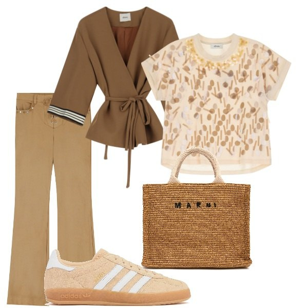 Outfit donna - Total look #2090984. Stile Trendy per Tutti i giorni. Abbinamento con t-shirt, pantaloni, blazer, shopping bag, sneakers.