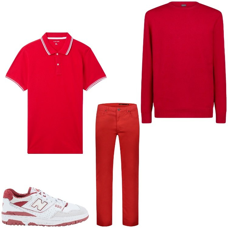 Outfit uomo - Questione di rosso. Stile Casual per Tutti i giorni. Abbinamento con sneakers, polo, pantaloni, maglieria.