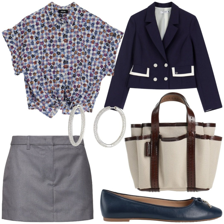 Outfit donna - In ufficio floreale. Stile Trendy per Ufficio. Abbinamento con borse a mano, ballerine, orecchini, blazer, camicie a manica corta, minigonne.