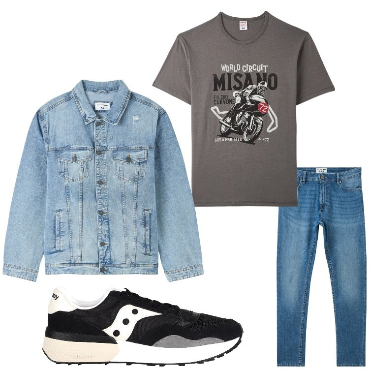 Outfit uomo - A tutto gas. Stile Casual per Tutti i giorni. Abbinamento con sneakers, giacche, jeans skinny, t-shirt.