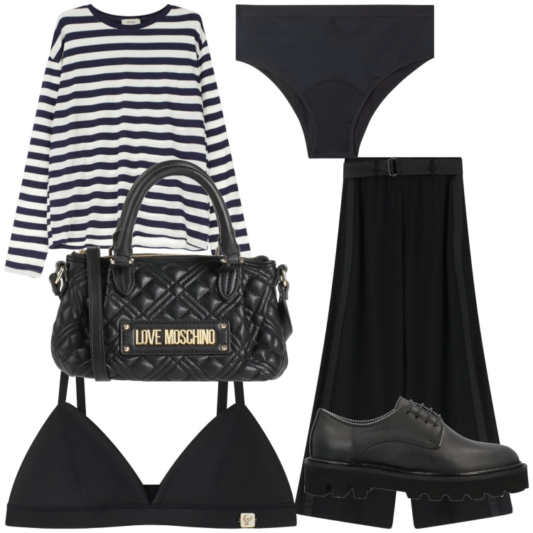 Outfit donna - Total look. Stile Casual chic per Tutti i giorni. Abbinamento con scarpe stringate, borse a mano, culotte, pantaloni, reggiseni, t-shirt.