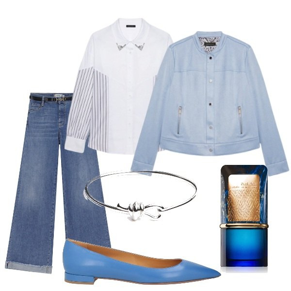 Outfit donna - Aspettando la primavera. Stile Trendy per Tutti i giorni. Abbinamento con ballerine, profumi, jeans, blazer, camicie, braccialetti.