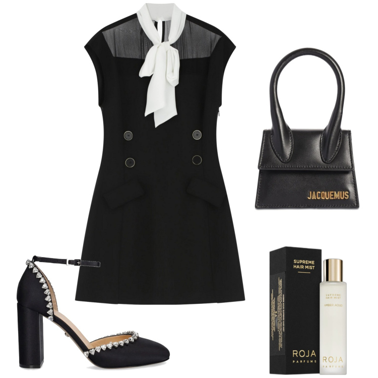 Outfit donna - Bon ton con fiocco. Stile Bon Ton per Ufficio. Abbinamento con profumi, vestiti corti, borse a mano, décolleté.