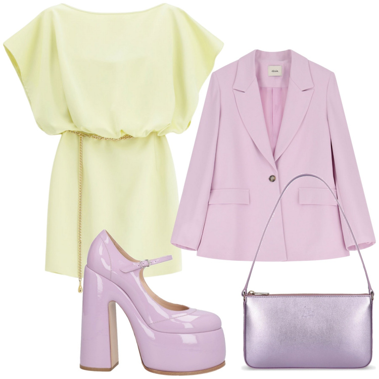 Outfit donna - Lille e lime. Stile Casual chic per Ufficio. Abbinamento con décolleté, vestiti corti, blazer, borse a spalla.