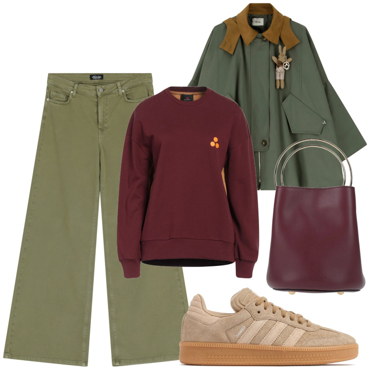 Outfit donna - Per la pioggia. Stile Sporty chic per Tutti i giorni. Abbinamento con felpe, borse a mano, pantaloni, blazer, sneakers.