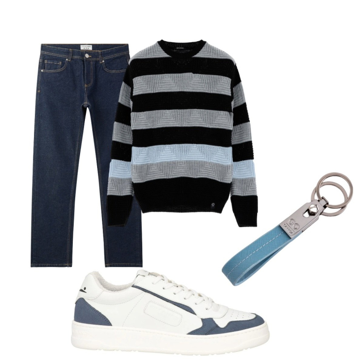 Outfit uomo - Total look #2091015. Stile Casual per Tutti i giorni. Abbinamento con sneakers, jeans, maglieria, portachiavi.