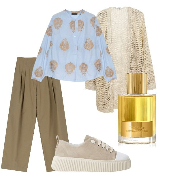 Outfit donna - Domenica mattina. Stile Trendy per Tutti i giorni. Abbinamento con profumi, kimono, pantaloni, sneakers, bluse.