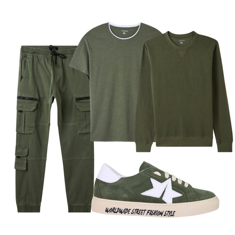 Outfit uomo - Total look #2091017. Stile Casual per Tutti i giorni. Abbinamento con t-shirt, felpe, pantaloni cargo, sneakers.