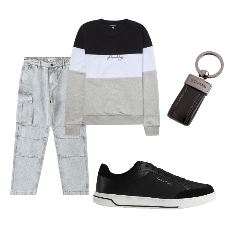 Outfit uomo - Total look #2091027. Stile Casual per Tutti i giorni. Abbinamento con sneakers, jeans, felpe, portachiavi.
