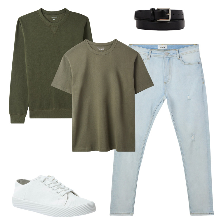Outfit uomo - City. Stile Casual per Tutti i giorni. Abbinamento con t-shirt, sneakers, felpe, jeans strappati, cinture.