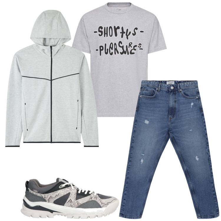 Outfit uomo - Total look #2091041. Stile Casual per Tutti i giorni. Abbinamento con sneakers, felpe con cappuccio, jeans strappati, t-shirt.