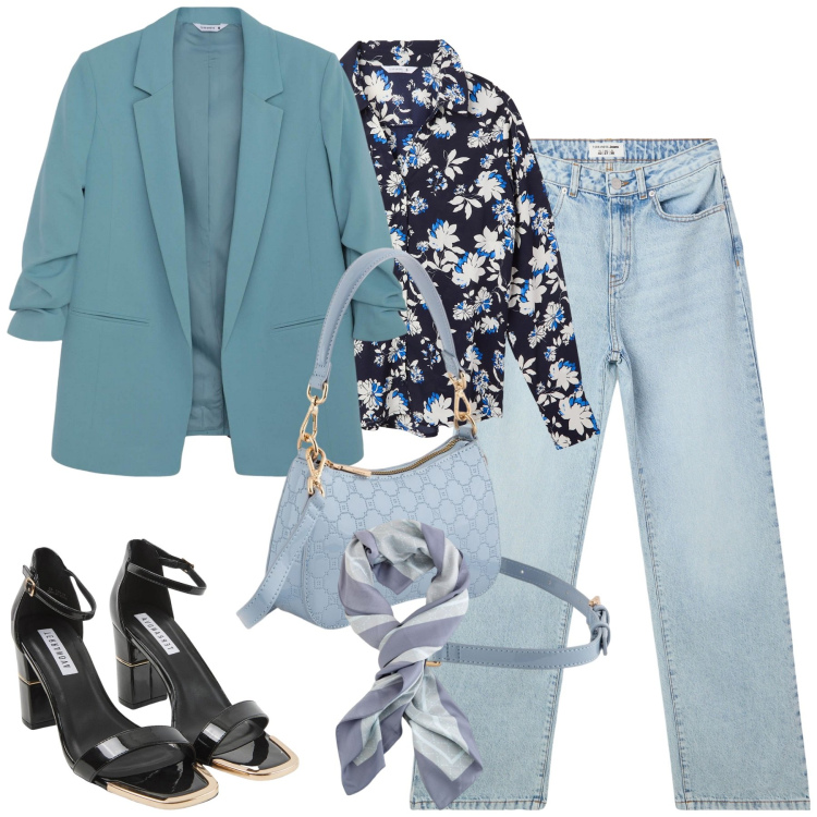 Outfit donna - Marzo. Stile Urban per Tutti i giorni. Abbinamento con camicie, jeans dritti, sabot, blazer, borse a tracolla, foulard.
