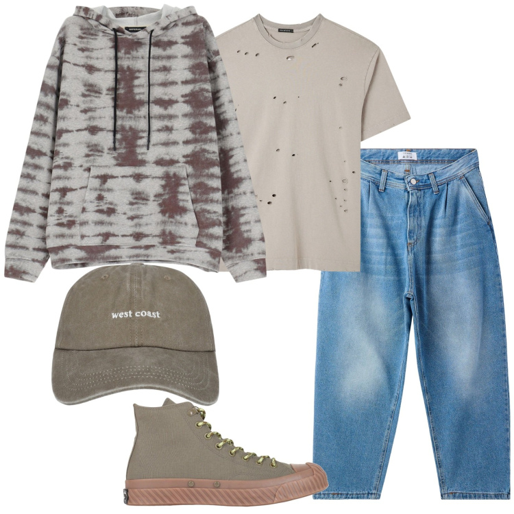 Outfit uomo - Urban. Stile Urban per Tutti i giorni. Abbinamento con sneakers alte, t-shirt, cappelli, jeans, felpe con cappuccio.