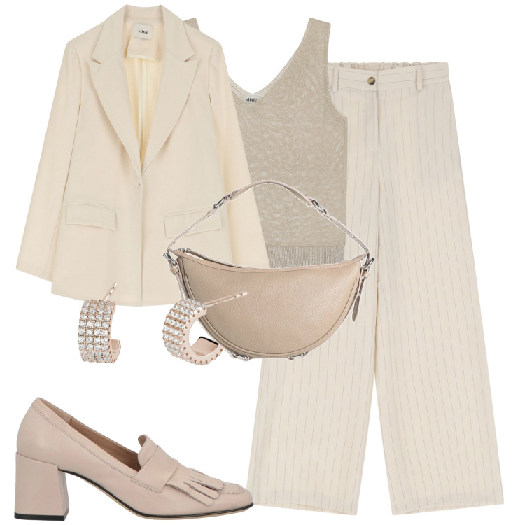 Outfit donna - City. Stile Urban per Tutti i giorni. Abbinamento con mocassini, borse a mano, orecchini, pantaloni a palazzo, blazer, canottiere.