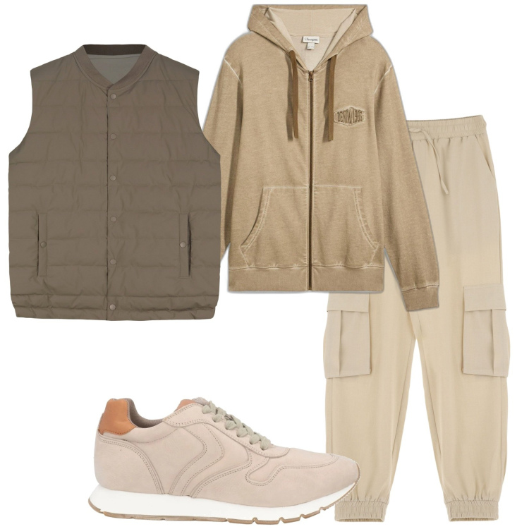 Outfit uomo - Total look #2091054. Stile Casual per Tutti i giorni. Abbinamento con felpe con cappuccio, sneakers, pantaloni cargo, gilet.