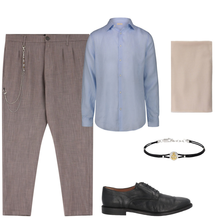 Outfit uomo - Elegante. Stile Trendy per Tutti i giorni. Abbinamento con scarpe stringate, braccialetti, sciarpe, pantaloni, camicie.