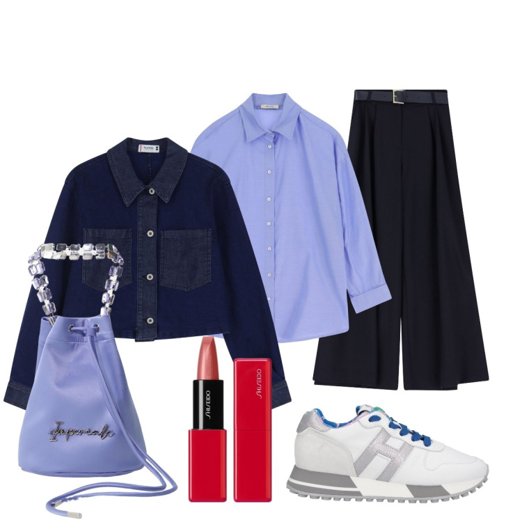 Outfit donna - Giornata di Primavera. Stile Sporty chic per Tutti i giorni. Abbinamento con sneakers, rossetti, blazer, borse a secchiello, pantaloni a palazzo, camicie.