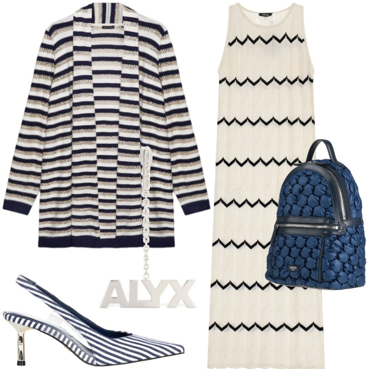 Outfit donna - Outfit a righe. Stile Chic per Ufficio. Abbinamento con zaini, décolleté, vestiti lunghi, cardigans, orecchini.