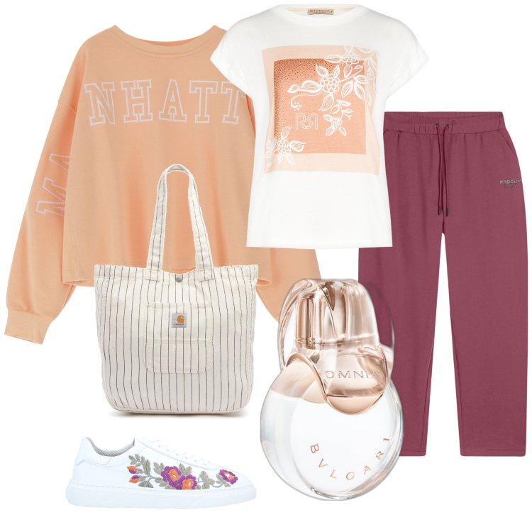 Outfit donna - Omnia bulgari. Stile Sporty chic per Sport. Abbinamento con sneakers, profumi, t-shirt, felpe, pantaloni sportivi, borse tote.