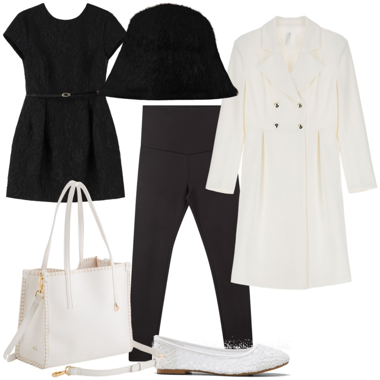 Outfit donna - Black and White Office. Stile Urban per Ufficio. Abbinamento con ballerine, leggings, cappotti, vestiti corti, cappelli, borse a mano.