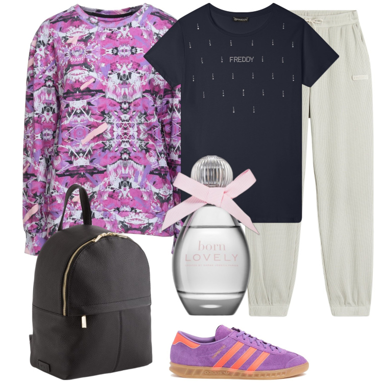Outfit donna - Born lovely. Stile Casual per Sport. Abbinamento con felpe, profumi, pantaloni sportivi, t-shirt, sneakers, zaini.