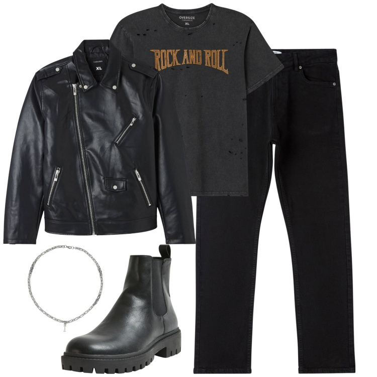 Outfit uomo - Serata con gli amici. Stile Biker Rock per Serata speciale. Abbinamento con stivali e stivaletti, t-shirt, giacche, pantaloni, collane.