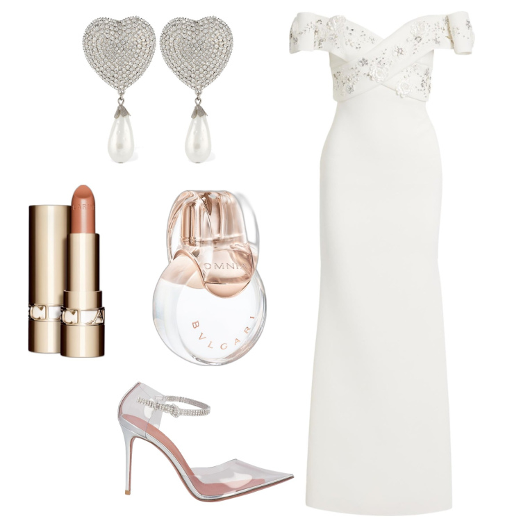 Outfit donna - La sposa più bella. Stile Chic per Cerimonia. Abbinamento con vestiti lunghi, décolleté, profumi, rossetti, orecchini.