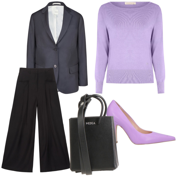Outfit donna - So chic at work. Stile Glamour per Ufficio. Abbinamento con borse a spalla, décolleté, maglieria, blazer, pantaloni.