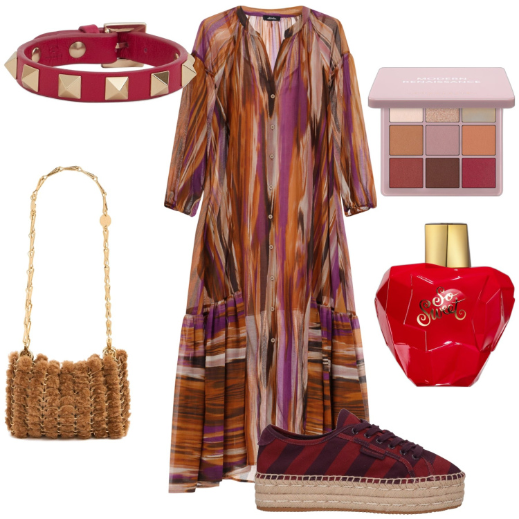 Outfit donna - Sweet folk. Stile Boho per Serata fuori. Abbinamento con espadrillas, profumi, ombretti, vestiti lunghi, braccialetti, borse a spalla.