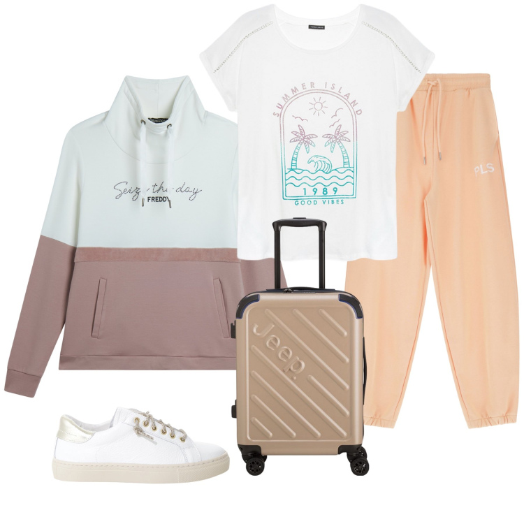 Outfit donna - Summer island. Stile Casual per Tutti i giorni. Abbinamento con pantaloni sportivi, sneakers, felpe, valigie, t-shirt.