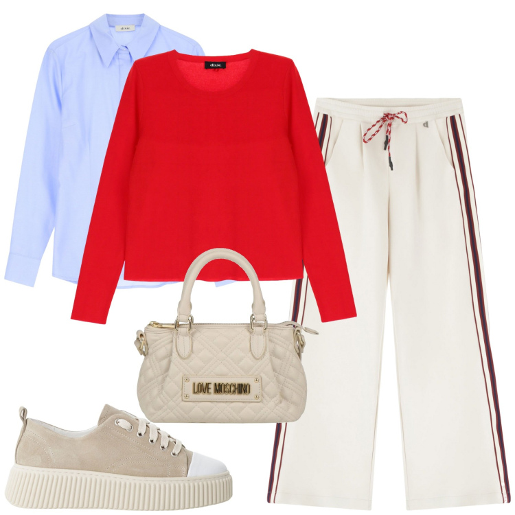 Outfit donna - Sporty chic. Stile Sporty chic per Tutti i giorni. Abbinamento con borse a mano, sneakers, camicie, pullovers, pantaloni.