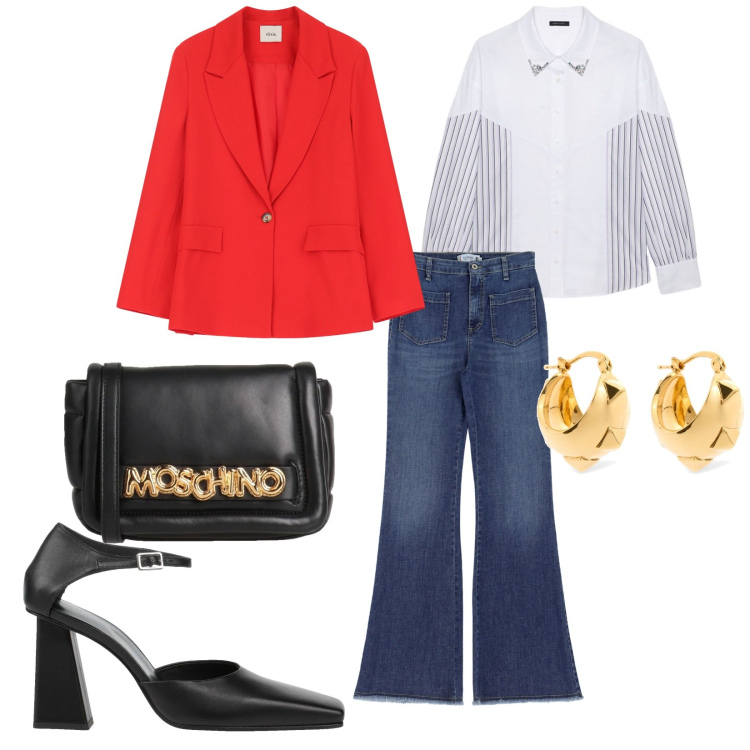 Outfit donna - Non rinuncio ai tacchi. per Ufficio. Abbinamento con décolleté, borse a tracolla, jeans, blazer, camicie, orecchini.